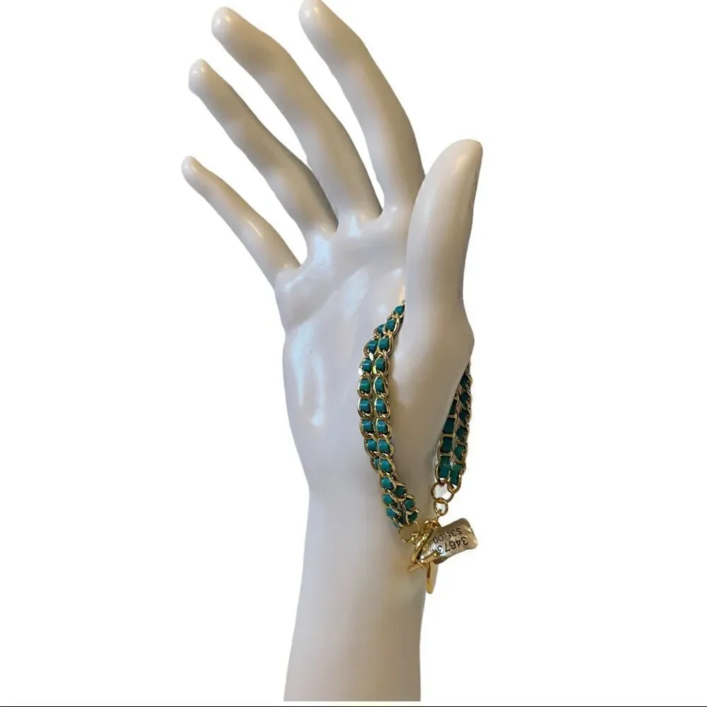 Teal Green & Gold Double Chain Bracelet w/ decorative toggle clasp.